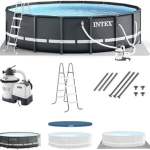 Intex Ultra XTR Frame 14' x 42" Round Above Ground Outdoor Swimming Pool Set with Sand Filter Pump, Ladder, Ground Cloth, and Pool Cover